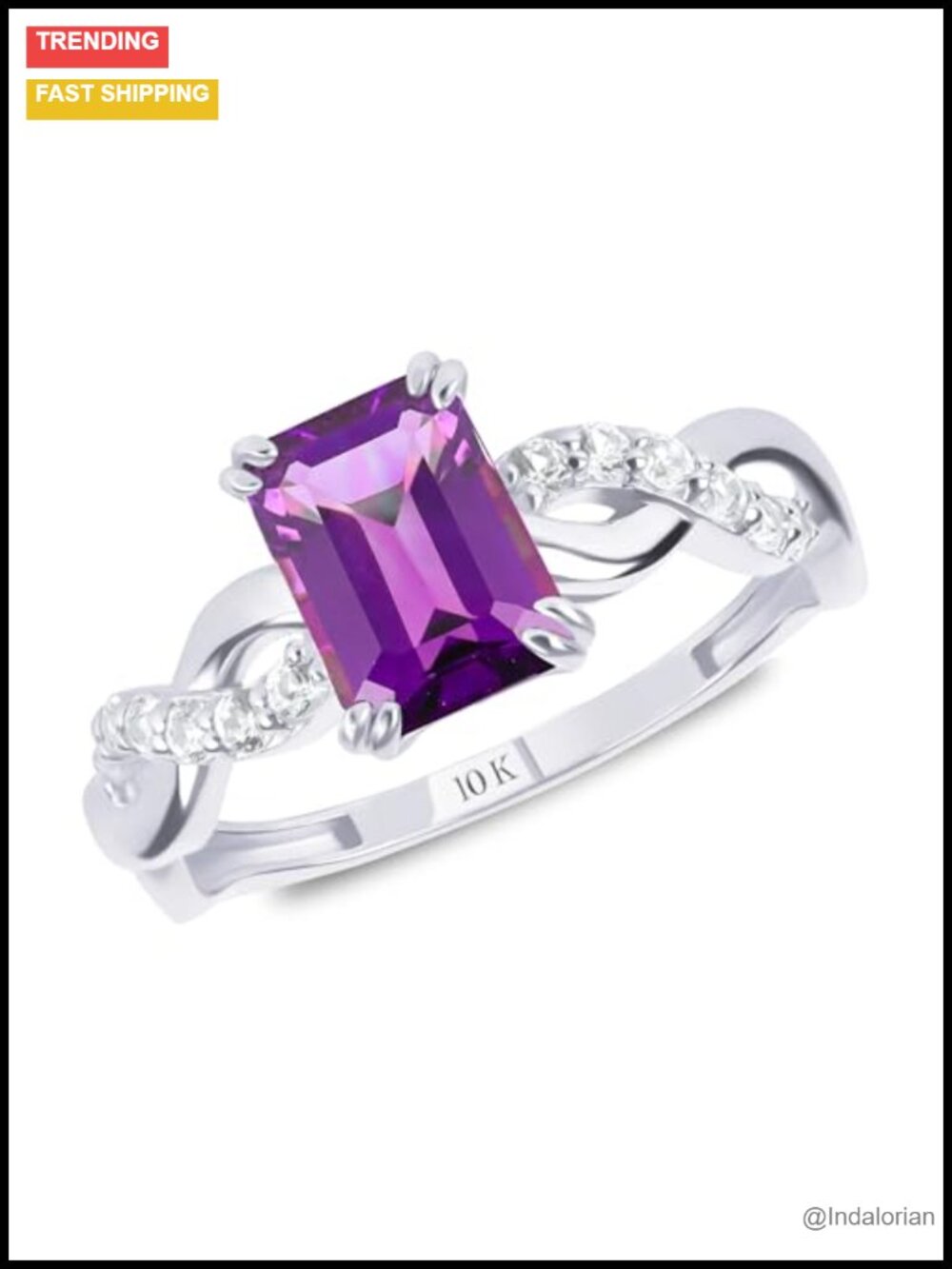 10K White Gold Amethyst Emerald Cut Ring Halo Twisted Band Statement